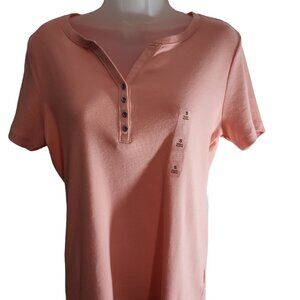 Women’s Karen Scott Small Pink Short Sleeve V-neck Shirt Silver Buttons